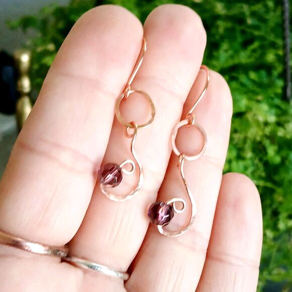 Boho Chic Purple Glass Beaded Dangle Earrings, Hammered Copper Jewelry 2" - Picture 6 of 6